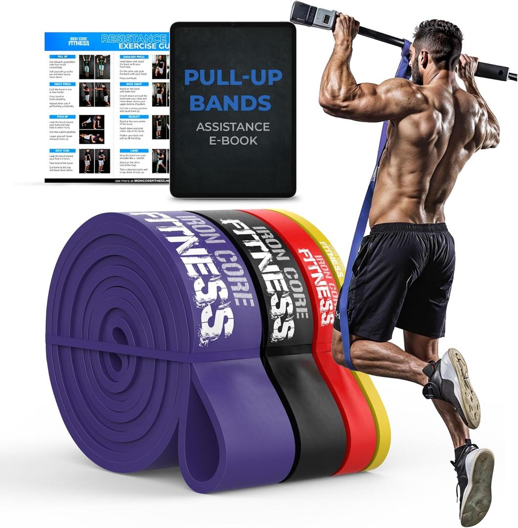 Pull Up Assistance Resistance Bands - Long Loop Power Bands for Men and Women - Strength Power Flexibility Training at Home & Gym - Ebooks & Workout Chart Included by Iron Core Fitness (#2 Purple, Black, Red, Yellow - 4 Sets)