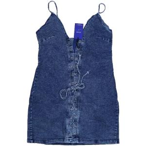 ChouYatou Women's Sexy Spaghetti Strap Lace-U Up Party Club Mini Denim Sun Dress, Size L