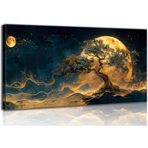 Gold Tree of Life Canvas Wall Art Sun Moon and Stars Celestial Picture Wall Decor Large Tree Poster Dark Green Gold Mystical Starry Sky Painting Print Artwork for Living Room Bedroom Office Home Decor