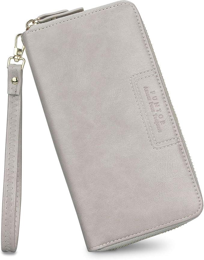 FT FUNTOR Wristlet Wallet for Women, Ladies Zip around Wallet PU Vegan Leather Clutch Long Purse Phone Card Holder Organizer Gray