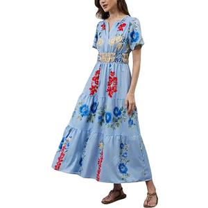 Women's Summer Boho Maxi Dresses Floral V Neck Tiered Short Sleeve Long Dress Flowy Beach Vacation Dress with Pockets (Large, Light Blue)