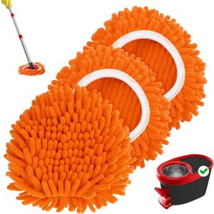 Baderke 3 Pack Chenille Mop Heads Replacements Compatible with 1 Tank System Chenille Duster Replacement Heads Microfiber Spin Mop Refill Pads Reusable Dust Refills for Floor Cleaning (Orange)