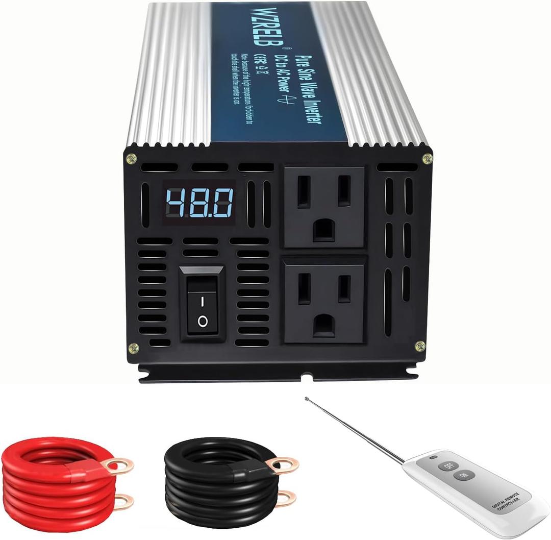 WZRELB 1000W Pure Sine Wave Inverter 48V DC to 110V 120V AC Power Converter with LED Display, Remote Controller, Off-Grid Power Inverter 2000W Surge for Home, RV, Truck, Camping