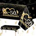 3pcs Happy 50th Anniversary Tablecloths Black Gold Table Covers 50th Wedding Anniversary Party Supplies for Parents Cheer to 50 Years Party Decorations and Plastic Disposable Favors,108*54 inch