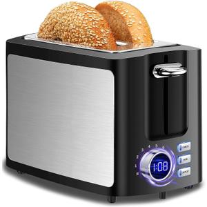 Toaster 2 Slice Wide Slot Toaster Best Rated Prime Displav Smart Toasters with LCD Digital Countdown Timer and Bagel/Defrost/Cancel/Reheat Function (Black)