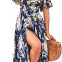 Woman's Floral V Neck Button Elastic Waist Dress with Pockets, L