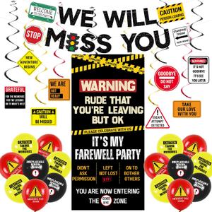 Roetyce Farewell Decorations Men Women, Caution Logos We Will Miss You Banner Balloons Hanging Swirls, Funny Going Away Retirement Goodbye Party Supplies, Leaving Party Photo Backdrop Door Wall Signs