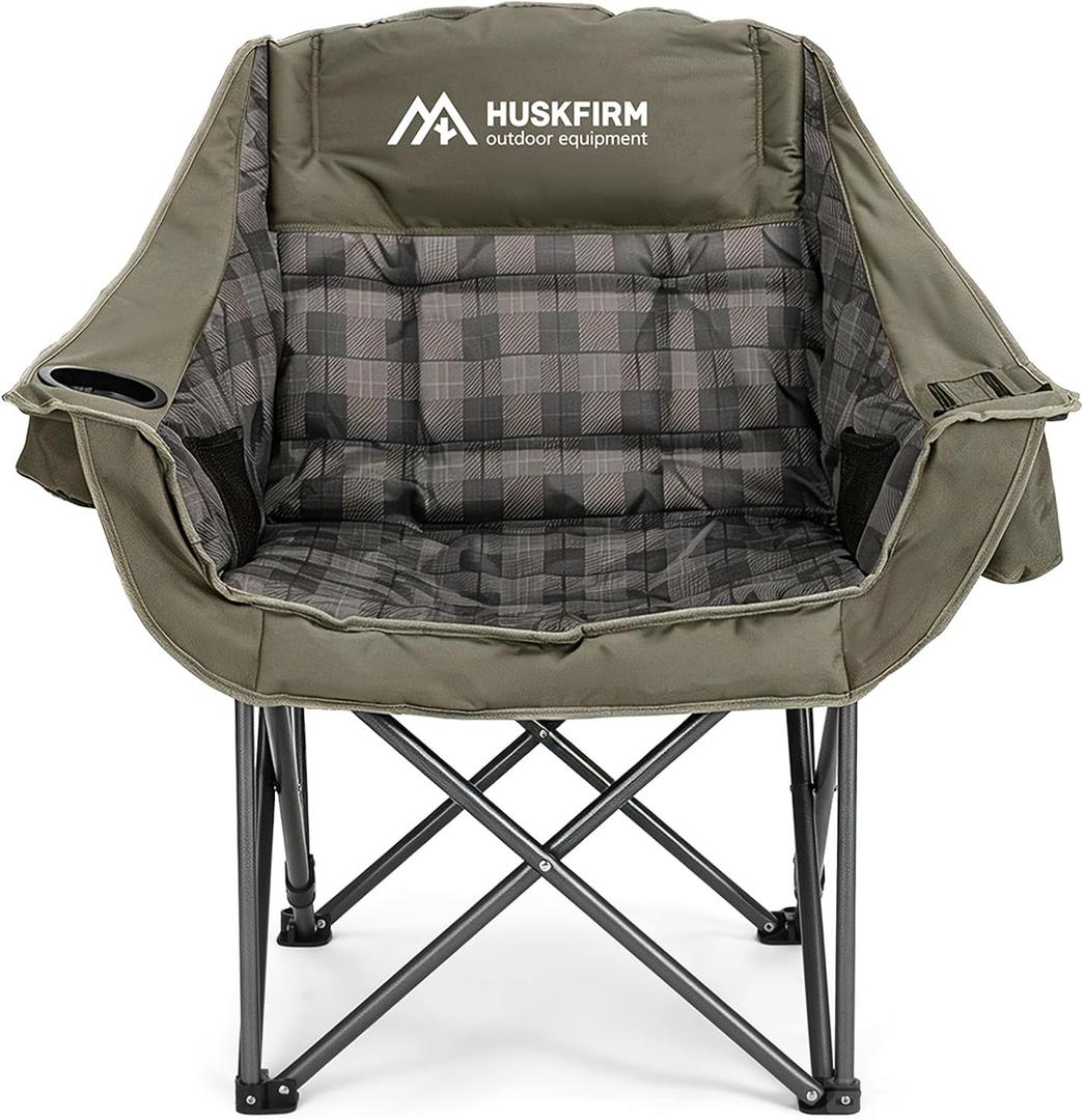 Oversized Camping Chair,Padded Camping Chairs Support 450LBS, Green Plaid | Heavy-Duty Foldable Camping Chairs with Cup Holder and Cooler Bag Portable Lawn Chair for Sports