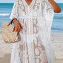 Womens Lace Bathing Suit Cover Up V Neck Beach Coverup Summer Swim Coverups Loose Bikini Beach Dress 2026 (White, XL)