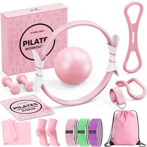 Pilates Ring Set for Women, Home Workout Pilates Equipment with Resistance Bands, 14'' Magic Circle, Mini Ball, Pilates Starter Kit for Strength, Toning and Flexibility (Large-Level3, Pink)