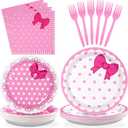 Grencian 96Pcs Pink Cat Party Decorations Pink Bow Cat Plates and Napkins Disposable Cute Cats Paper Tableware Set for Girls Baby Bridal Shower Birthday Wedding Party Supplies, Serves 24