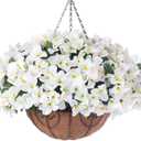 Artificial Hanging Flowers Faux Plants Basket for Outdoors Spring Summer Decor, Fake Silk Bougainvillea in Planter Outdoor Look Real UV Resistant Faux Flower for Outside Porch Patio Garden Home, White