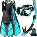 Zenoplige Mask Fins Snorkel Set, Snorkeling Gear for Adults, Panoramic View Snorkel Mask Anti-Fog, Adjustable Dive Flippers, Dry Top Snorkel and Travel Bag, Scuba Gear for Swimming Snorkeling Diving (Green Black). Size S/M