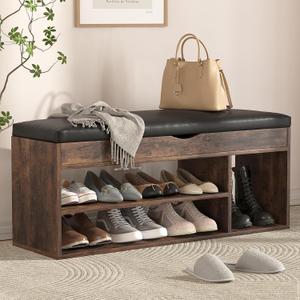 Apicizon 39 Inches Storage Bench with Padded Cushion, Shoe Bench with Storage Space, Upholstered Entryway Bench for Living Room, 2-Tier Shoe Rack Organizer, Brown