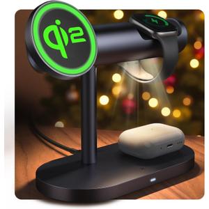iVANKY 4 in 1 Qi2 Certified Wireless Charger Stand for iPhone 17e, Night Light for MagSafe Charging Station, 25W Charge for iPhone 17/16/15/14/13/12/11 Plus/Pro/Max,Apple iWatch, Airpods Pro 2/3 (Space Gray, No Adapter)