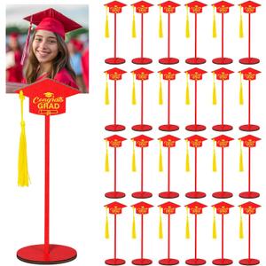 24 Pcs Graduation Cap Photo Holder with Wooden Base Wire Picture Clip Red Grad Table Number Holders Bulk Graduation Cap Decorative Card Holder for Class of 2026 Centerpieces Grad Party Supplies