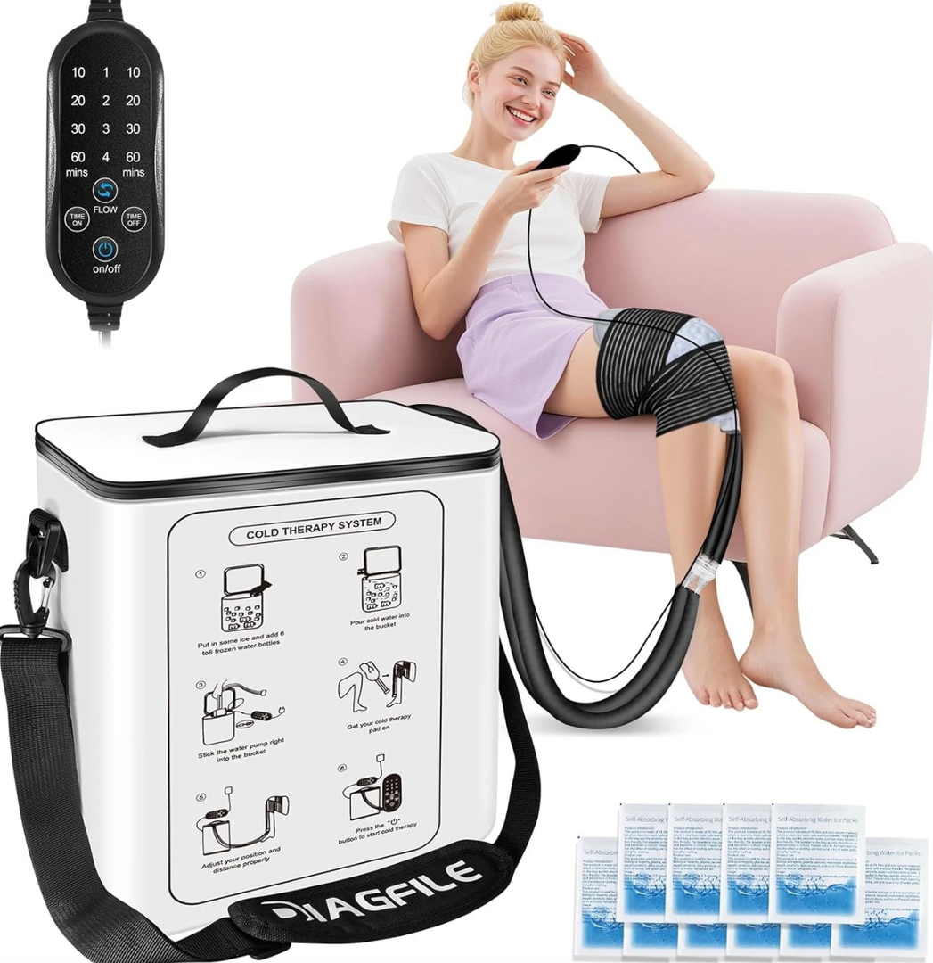 Cold Therapy Machine with Programmable Timer, Portable Ice Therapy Machine System for Knee, Cold Therapy Unit for LongTerm Relief and Recovery, w/Compression Pad for Shoulder, Hip and Ankle (White)