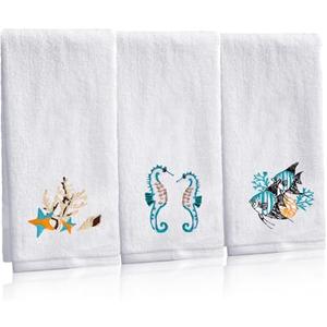 SmoothNovelty 3 Pcs Summer Beach Hand Towels for Bathroom Cotton Embroidered Seahorse Coral Fish Summer Hand Towels Decorative Coastal Washcloth Soft Absorbent for Home Drying Cleaning Cooking Gift, White