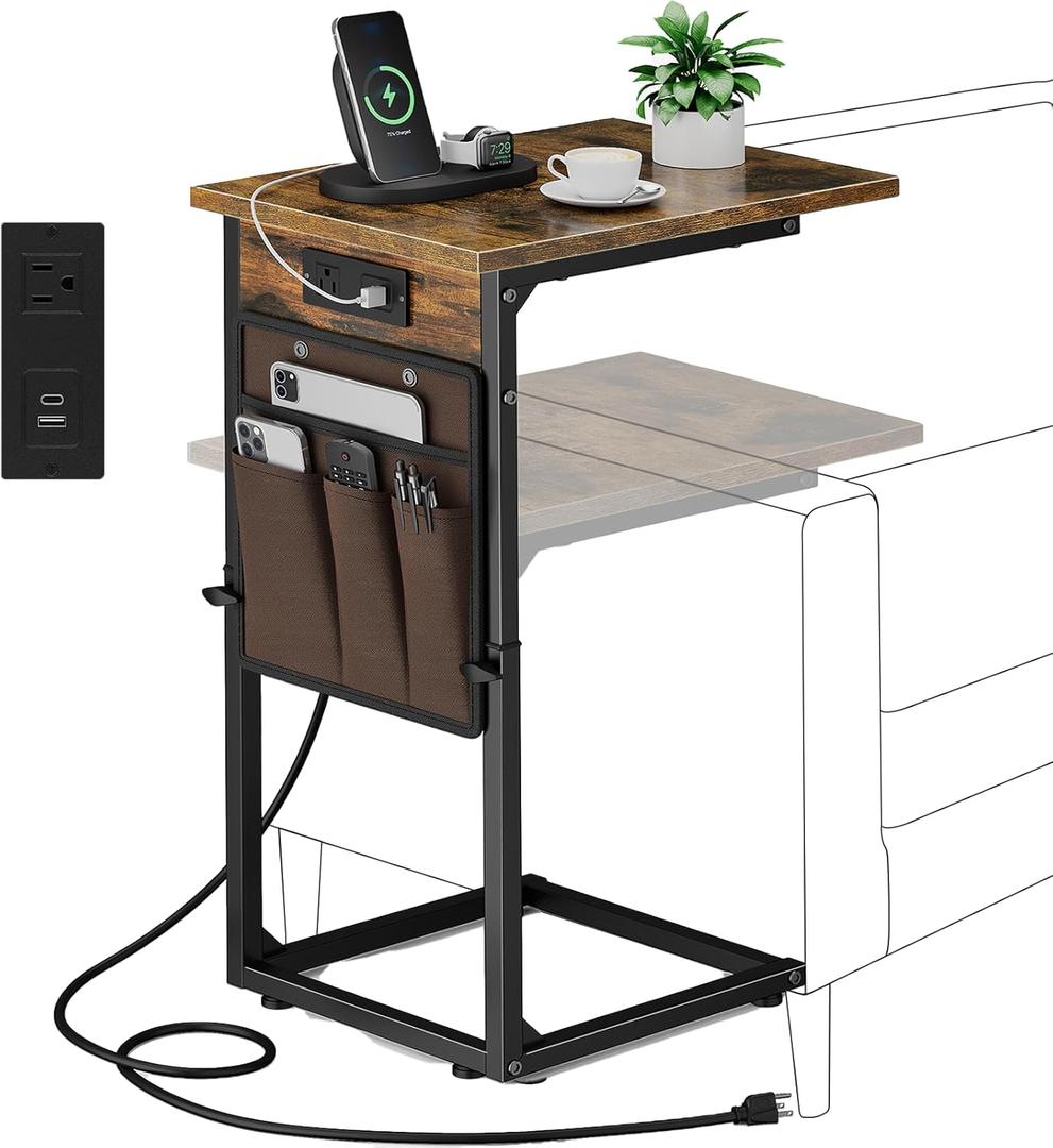 Vagusicc C Shaped End Table with Charging Station, Adjustable Height Side Table for Couch, Small Sofa Table with Storage Bag, Slide Under Sofa TV Tray Snack Arm Tables for Living Room, Bedroom, Brown , 16"D x 12"W x 33"H