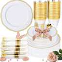 Hioasis 175pcs White and Gold Plastic Plates - Gold Plastic Dinnerware Set Includes 25 Dinner Plates, 25 Dessert Dinnerware, 25 Cups, 25 Rolled Napkin Cutlery Perfect for Wedding & Party