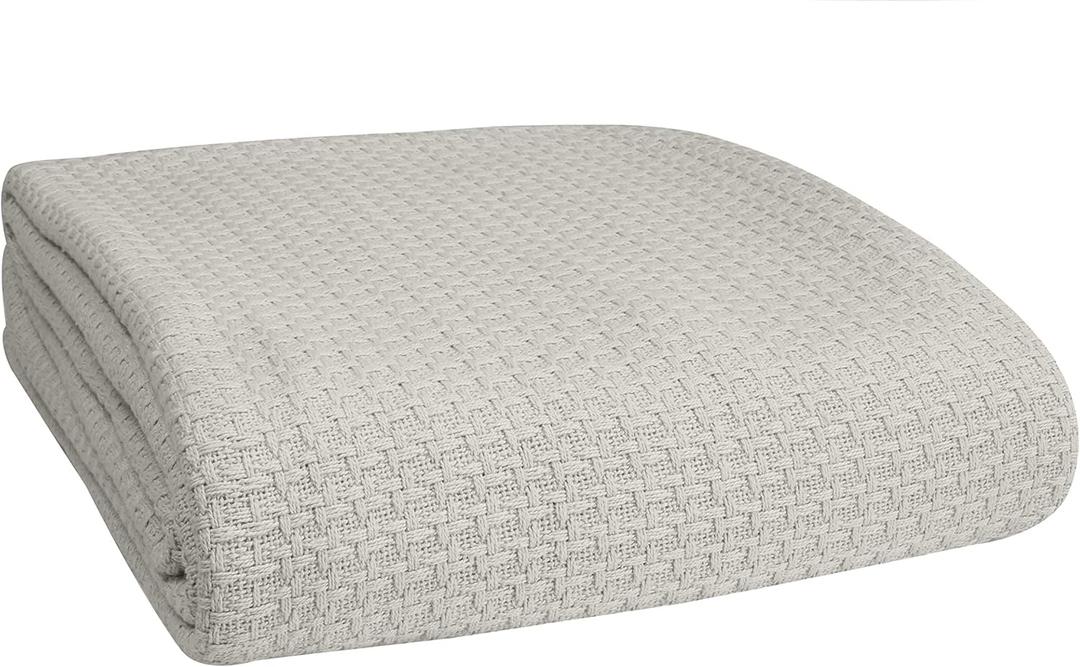 BELIZZI HOME 100% Cotton Bed Blanket, Breathable Bed Blanket Full Queen Size, Cotton Thermal Blankets Full Queen, Perfect for Layering Any Bed for All Season, Light Grey (Queen (90 in x 90 in))