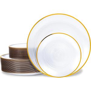 Fabulous Party 100PCS Pearl White Plastic Plates-Crystal Design Disposable Plates with Gold Rim, Fancy Disposable Plates Include 50 White Dinner Plate and 50 Dessert/Salad Plate for Party & Wedding