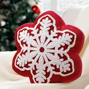 Phantoscope Merry Christmas Snowflake Shaped Throw Pillow, Velvet Xmas Embroidered Snowflake Pillow Decorative Christmas Cushion Pillow for Couch Living Room, Red, 16 x 16 inches