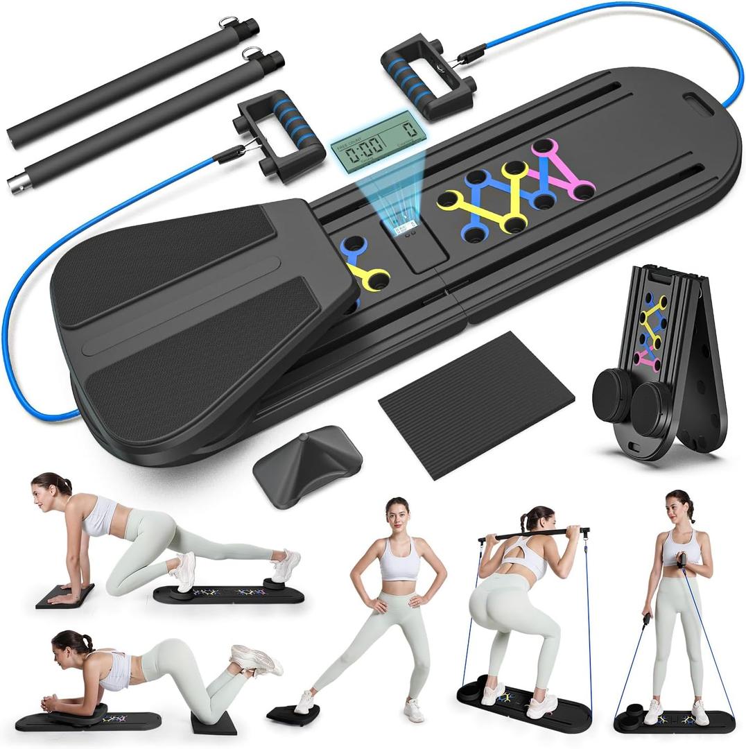 Pilates Board for Home Workout, Foldable Pilates Reformer Set for Women 6-in-1 Portable Folding Mini Pilate Kit Machine Equipment (Black)