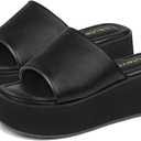 Butevar Chunky Platform Sandals for Women - Comfort Black Open Toe Slip on Platform Slides Y2K Wedge Sandals for Summer Casual, Black, 6