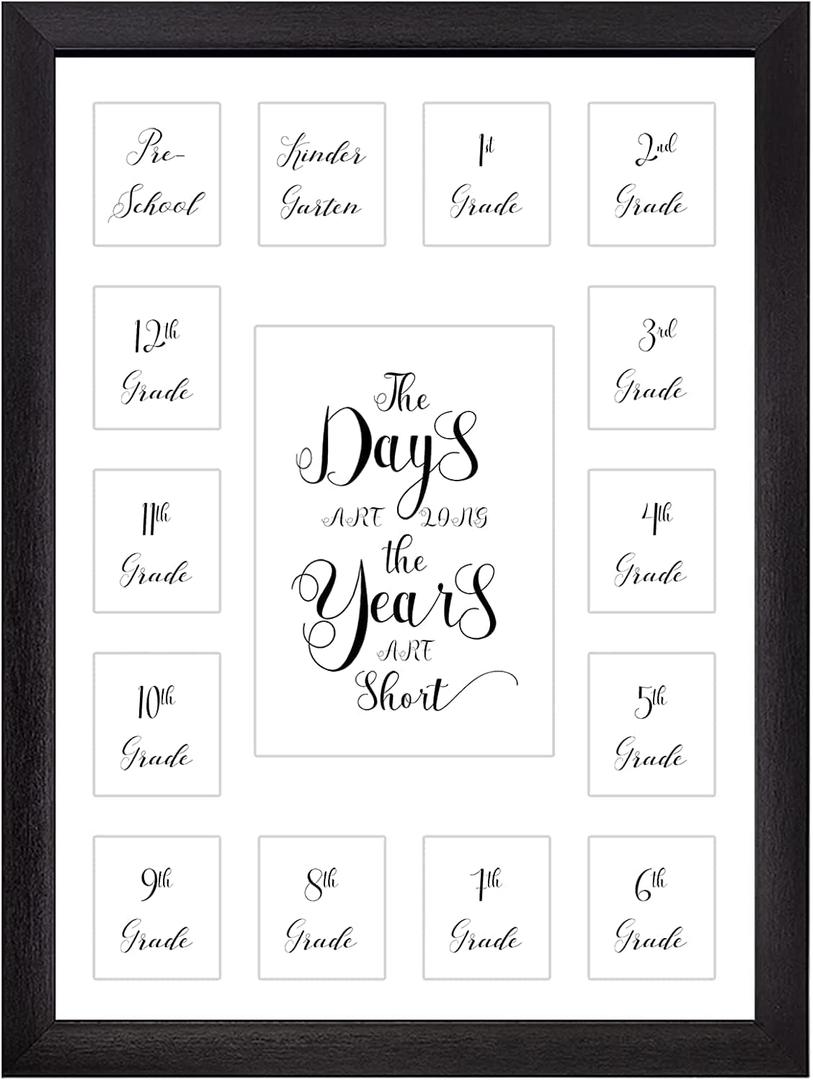 School Year Picture Frame Pre K-12 Collage Photo 15 Opening White Mat Black Solid Wood Frames for Wall Hanging and Table Top Display Kindergarten to 12th Grade High School Graduation.
