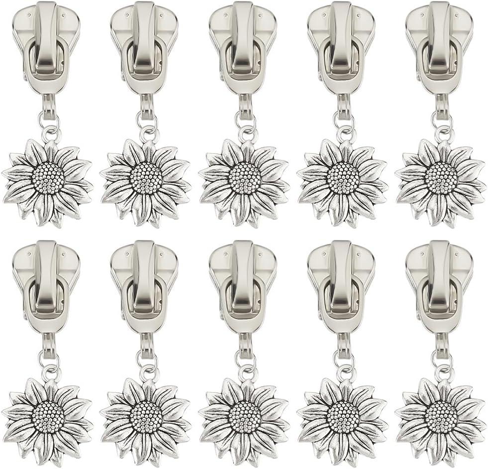 PLIGREAT 20 Pcs Sunflower Zipper Pulls Silver #5 Replacement Repair Kit Universal for Jacket Luggage Bag Tailor Shop Accessories Fashion Metal Slider for Nylon Coil Zippers