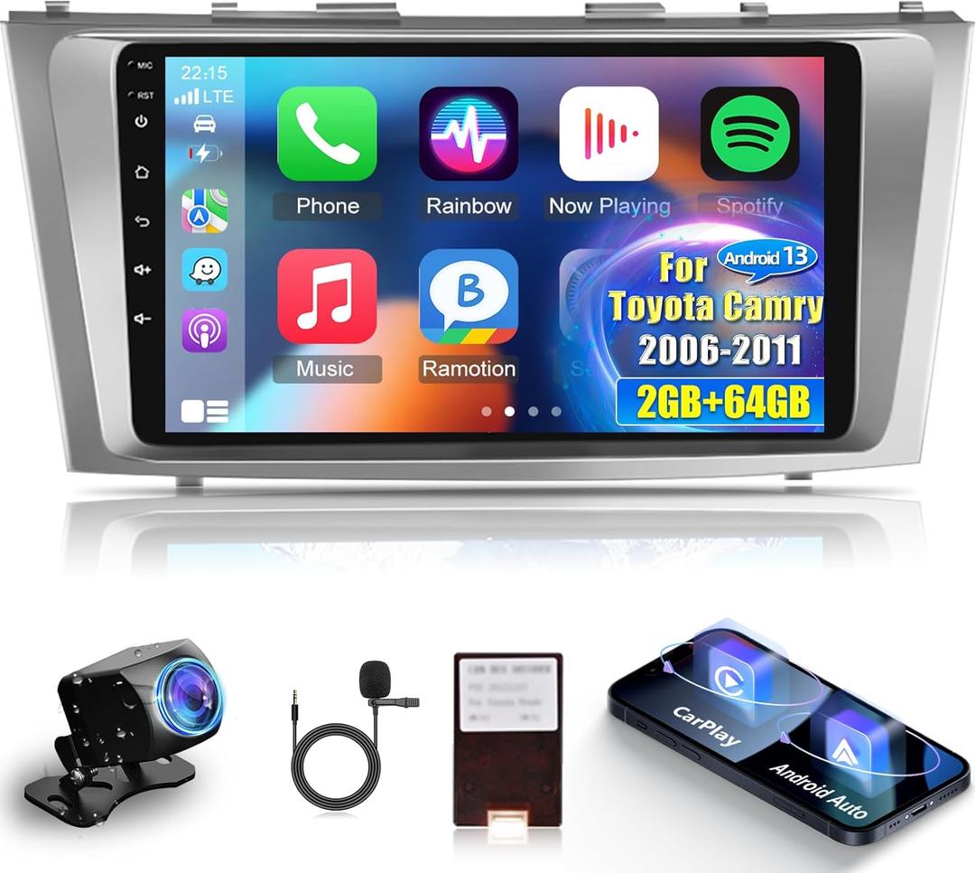 [2+64G] Android 13 Car Radio for Toyota Camry 2006-2011 - Wireless Carplay and Android Auto - 9 Inch Touch Screen Car Stereo with Mulitple UI/WiFi/GPS Navigation/SWC + AHD Backup Camera