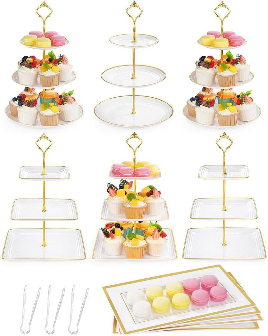 Lzerking 13pcs Dessert Table Display Set, 6 3-Tiered Cupcake Stands (3round & 3square) with 4 Trays & 3 Tongs, White Gold Plastic for Wedding, Tea Party, Baby Shower Decor, Birthday Party Decoration