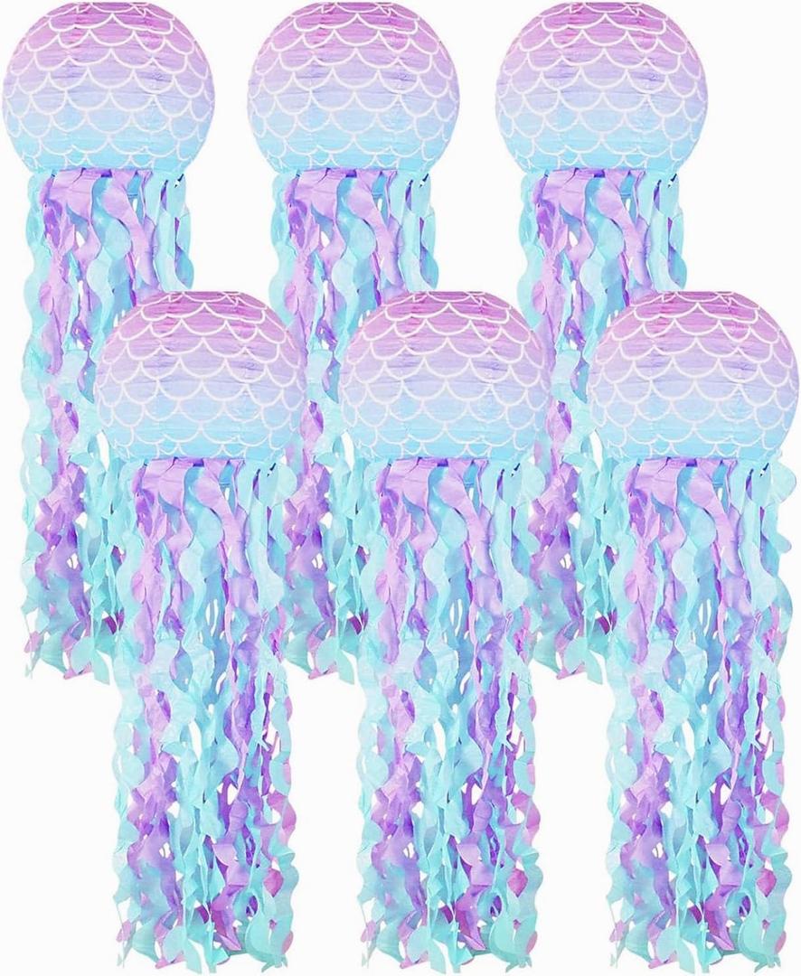 LIHAO Mermaid Birthday Decorations, Jellyfish Paper Lanterns 6pcs, Mermaid Scales Jellyfish Lanterns for Under The Sea Party Decorations Little Mermaid Party Favors Baby Shower