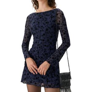 RIHOAS Women's Bodycon Mini Dress Boat Neck Long Sleeve Stretch Mesh Cocktail Wedding Guest Party Club Spring Summer Dress, Small, Blue