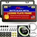 Matte Black License Plate Frames, Aluminum Metal Heavy Duty Car Tag Cover, 2 Pack 2 Hole Slim Number Holder with Screws & Caps for Men & Women
