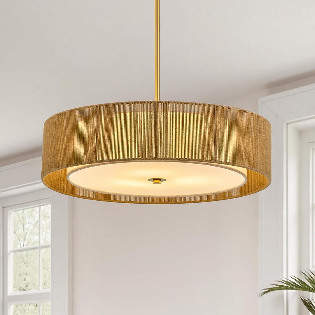 VONLUCE 20" Boho Rattan Chandelier, 4-Light Drum Chandelier with 2-Tier Woven Lampshade, Rattan Ceiling Light for Dining Room Bedroom Living Room with E26 Sockets, Gold Finish, ETL Certified