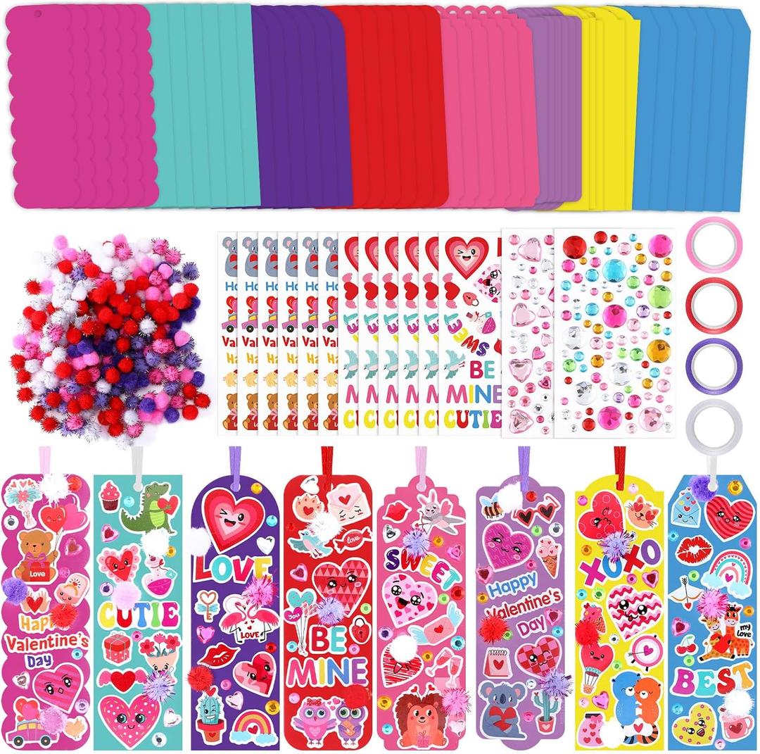 Frienda 48 Sets Valentine DIY Bookmarks Craft Kit Valentine Decorations Art Sets Blank Foam with Smile Face Hearts Owl Alphabets Stickers Pom-poms for Activity Reading Gift Exchange