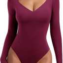 REORIA Long Sleeve Bodysuits for Women Square V Neck Going Out Top Double Lined Thong Body Suit Sexy Slimming Shirt 2025 Fall (Medium)