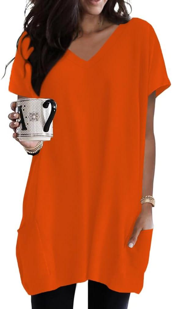Poetsky Summer Womens Tunic Tops for Leggings with Pockets Vneck Short Sleeve Casual Long T Shirts S-3XL (Orange, L)
