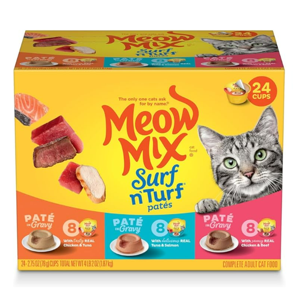 Meow Mix Paté in Gravy Wet Cat Food Variety Pack, Surf n’ Turf Patés, 24 Cups, 2.75 Oz. BB Date: 08/09/2027