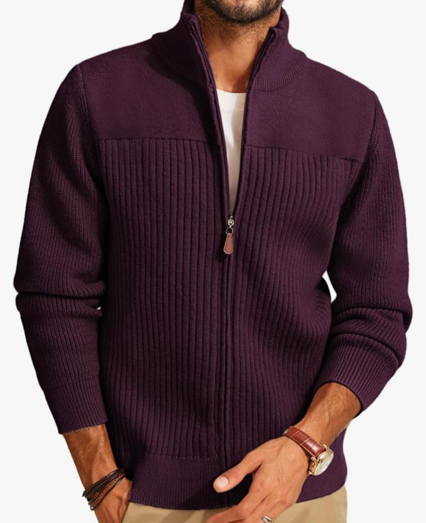 PJ PAUL JONES Men's Full Zipper Cardigan Casual Stand Collar Cardigan Sweater Ribbed Knit Long Sleeve Sweater S