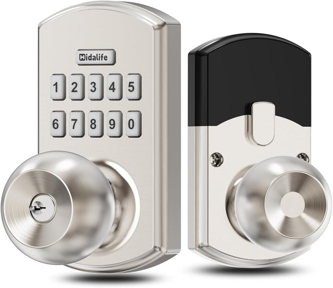 Hidalife Smart Door Knob with Keypad, Keyless Entry Door Lock for Front Door, Easy Passage Mode, One-time Code, Satin Nickel