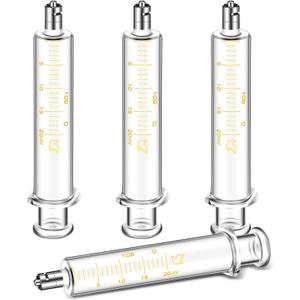 TrelaCo 4 Pack 20ml Reusable Glass Syringe with No Needle, Measurement and Dispensing Syringe Tools for Liquid Measuring, Feeding Pets, Oil or Glue Applicator