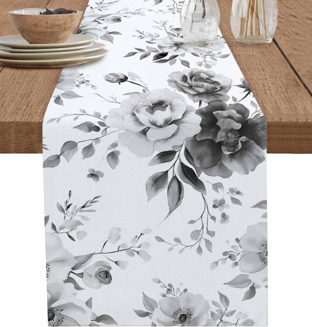 Watercolor Ink Flowers Table Runner Dresser Scarves,13x60In Non-Slip Table Dress Scarf Abstract Color Gradient Floral Kitchen Dinner Tables Decor for Dining Room/Banquet/Party Black White Grey