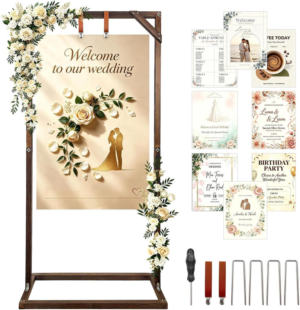 Wooden Welcome Sign Stand, Fixed Sign Holder , Wedding Welcome Sign Stand Wood Easel with Hanging Straps & Ground Stakes for Wedding decor, Birthday Party or Any Event, 63" x 30" x 11.8"