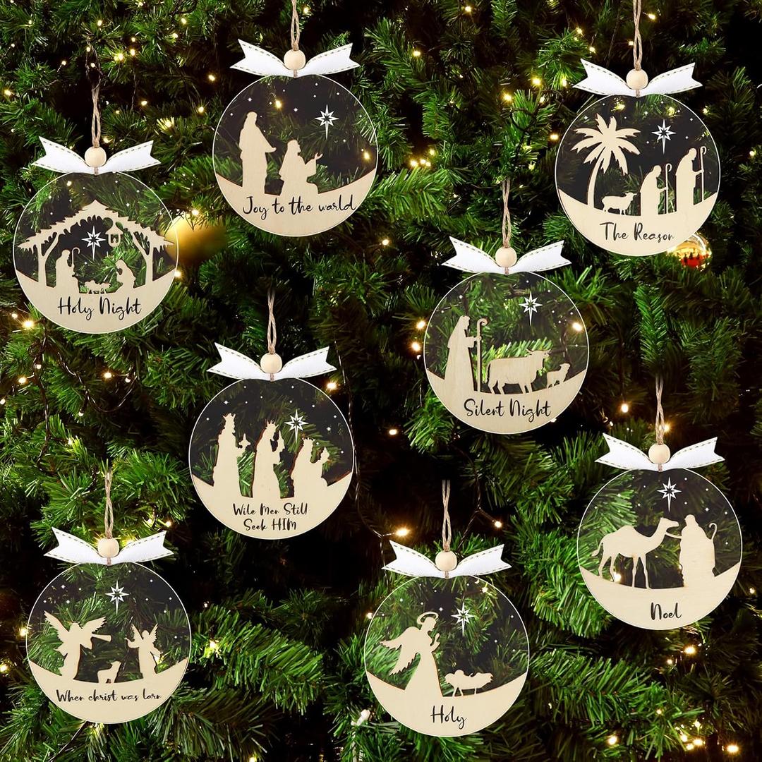 16 PCS Nativity Christmas Ornaments Wooden Acrylic Nativity Scene Christmas Ornament Religious Gift for Christian Family Hanging Christmas Tree Decorations with Ropes