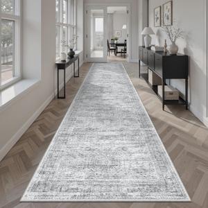 Runner Rug 2'6" x 12' Washable Non-Slip Runner Rugs for Kitchen Bathroom Laundry Room Vintage Ultra Thin Runners for Hallway Entryway Grey, 2'6" x 12' (Runner)
