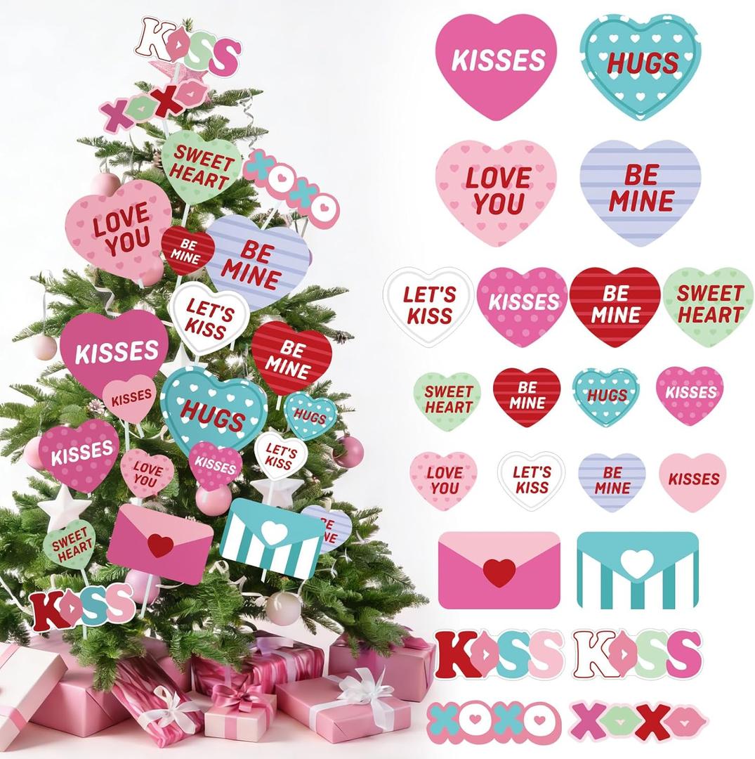 Novabright 22 Pcs Valentine Tree Decor Red Pink Valentines Day Decorations Large Conversation Hearts Tree Picks,Valentine Heart Picks for Valentines Day Home Office Decor Wood
