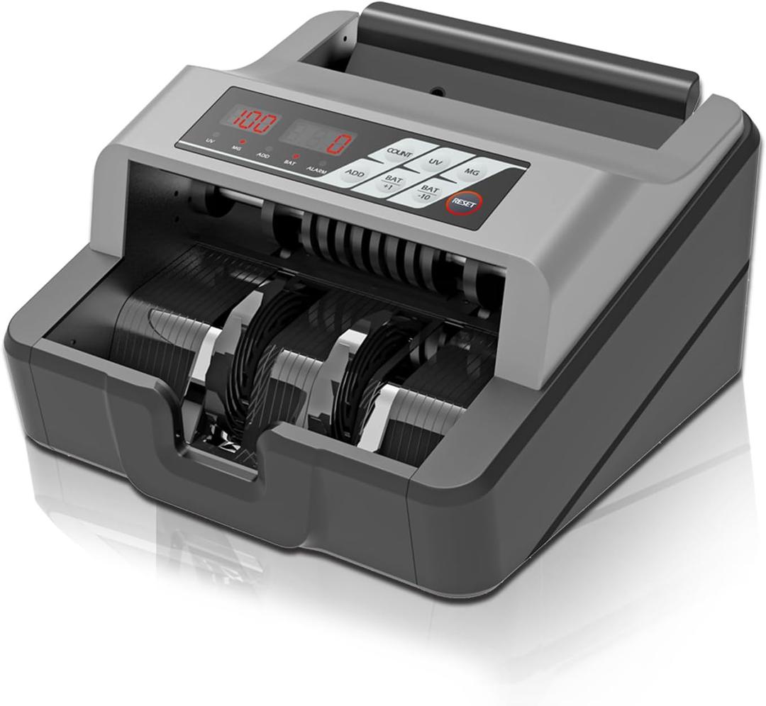 TIHOO Portable Money Counter - Advanced UV/MG Counterfeit Detection, Fast & Accurate Dollar Bill Counting, 1,300 Bills/Min, User-Friendly, Durable 24/7 Operation (Light Gray)